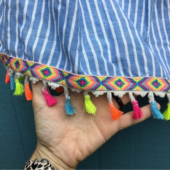 Entro Striped Off the Shoulder Tassel Blouse Top Shirt Boho - Picture 3 of 5